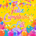 A bright and festive GIF with the text 'Feliz Cumpleaños Lili' in Spanish in colorful fonts, surrounded by confetti, balloons, and festive banners on a vibrant yellow background.