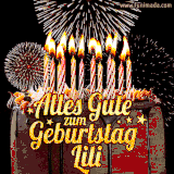 A chocolate birthday cake with glowing candles, the German text 'Alles Gute zum Geburtstag Lili,' and vibrant fireworks lighting up the background in an animated GIF.