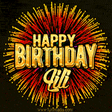Golden 'Happy Birthday Lili' text accompanied by animated rainbow fireworks for a festive animated greeting.