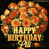Animated bouquet of orange roses with moving butterfles and golden 'Happy Birthday Lili' text, surrounded by sparkling accents and a dark backdrop for a luxurious feel.