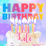 A vibrant animated name GIF with the words 'Happy Birthday Lili' with colorful candles on a creamy cake. The background sparkles with pastel shades, adding a festive touch.