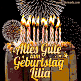 A chocolate birthday cake with glowing candles, the German text 'Alles Gute zum Geburtstag Lilia,' and vibrant fireworks lighting up the background in an animated GIF.