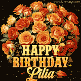 Animated bouquet of orange roses with moving butterfles and golden 'Happy Birthday Lilia' text, surrounded by sparkling accents and a dark backdrop for a luxurious feel.