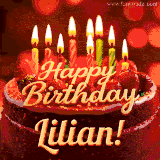 Beautifully decorated red velvet berry birthday cake with vibrant fruits and a glowing 'Lilian' name, adding a touch of sweetness and sparkle.