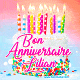 A white birthday cake covered in colorful sprinkles, topped with bright candles, and French text 'Bon Anniversaire Lilian' on a pastel gradient background in an animated GIF.