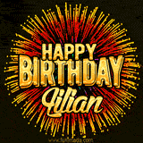 Golden 'Happy Birthday Lilian' text accompanied by animated rainbow fireworks for a festive animated greeting.