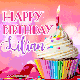 A vibrant birthday GIF featuring a rainbow-colored cupcake topped with white frosting, sprinkles, and a lit candle. The text reads 'Happy Birthday Lilian' in bold pink and violet letters with white outline.