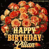 Animated bouquet of orange roses with moving butterfles and golden 'Happy Birthday Lilian' text, surrounded by sparkling accents and a dark backdrop for a luxurious feel.