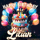 Bright birthday animation for Lilian with a chocolate cake, candles, balloons, and glowing celebratory lights.