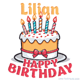 Cartoon birthday cake with a red bow, glowing candles, and 'Lilian Happy Birthday' text in bold animated style.
