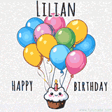 An adorable and cute cupcake with a smiley face and moving colorful balloons create a joyful birthday greeting for Lilian in this cheerful animated greeting E-card.