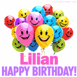 Animated colorful and joyful birthday balloons with cheerful smiles and a bright 'Happy Birthday Lilian!' message in pink and purple.