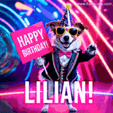 Animated GIF of a cool dog wearing a suit and sunglasses, holding a 'Happy Birthday' sign for Lilian, set against a bright and colorful neon party background.