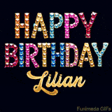 Vibrant luxury birthday greeting card for Lilian, showing glittering gemstone letters and golden calligraphy on a dark background with twinkling shine effects.
