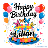 An animated birthday card for Lilian. It features a festive cake with her name, 'Lilian', and colorful butterflies. Floating balloons and hearts complete the joyful scene.