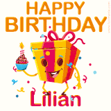 A vibrant and funny gift box character with a happy face dancing with a cupcake and the text 'Happy Birthday Lilian,' surrounded by animated confetti and party vibes.