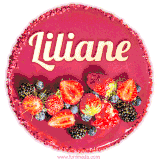 Beautifully decorated red velvet berry birthday cake with vibrant fruits and a glowing 'Liliane' name, adding a touch of sweetness and sparkle.