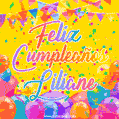 A bright and festive GIF with the text 'Feliz Cumpleaños Liliane' in Spanish in colorful fonts, surrounded by confetti, balloons, and festive banners on a vibrant yellow background.