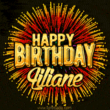 Golden 'Happy Birthday Liliane' text accompanied by animated rainbow fireworks for a festive animated greeting.