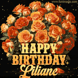 Animated bouquet of orange roses with moving butterfles and golden 'Happy Birthday Liliane' text, surrounded by sparkling accents and a dark backdrop for a luxurious feel.