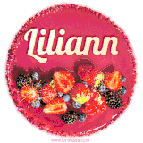 Beautifully decorated red velvet berry birthday cake with vibrant fruits and a glowing 'Liliann' name, adding a touch of sweetness and sparkle.