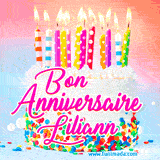 A white birthday cake covered in colorful sprinkles, topped with bright candles, and French text 'Bon Anniversaire Liliann' on a pastel gradient background in an animated GIF.