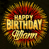 Golden 'Happy Birthday Liliann' text accompanied by animated rainbow fireworks for a festive animated greeting.