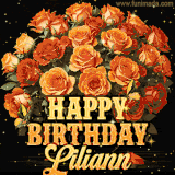 Animated bouquet of orange roses with moving butterfles and golden 'Happy Birthday Liliann' text, surrounded by sparkling accents and a dark backdrop for a luxurious feel.
