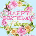 A charming animated GIF featuring 'Happy Birthday Liliann' in pink and green text, surrounded by delicate roses, leaves, and fluttering butterflies on a soft light blue pastel background.