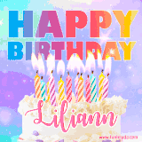 A vibrant animated name GIF with the words 'Happy Birthday Liliann' with colorful candles on a creamy cake. The background sparkles with pastel shades, adding a festive touch.