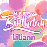 A vibrant name GIF featuring colorful balloons in shades of pink, orange, and yellow with the bold text 'Happy Birthday Liliann' in festive fonts, creating a lively birthday vibe.