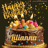 A delightful chocolate birthday cake with bright candles and 'Happy Birthday Lilianna' written in gold amidst a shower of animated stars.