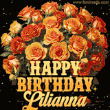 Animated bouquet of orange roses with moving butterfles and golden 'Happy Birthday Lilianna' text, surrounded by sparkling accents and a dark backdrop for a luxurious feel.