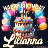 Bright birthday animation for Lilianna with a chocolate cake, candles, balloons, and glowing celebratory lights.