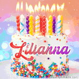 A cheerful white birthday cake with multicolor sprinkles, lit candles, and 'Lilianna' written in vibrant letters, in an animated GIF.