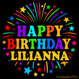 Personalized greeting card with name, colorful text that says 'Happy Birthday Lilianna' surrounded by animated fireworks and multicolor stars