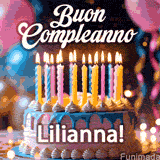 Birthday cake topped with pink and yellow lit candles, surrounded by glowing bokeh lights and party balloons. The greeting 'Buon Compleanno Lilianna GIF!' is displayed.