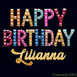 Vibrant luxury birthday greeting card for Lilianna, showing glittering gemstone letters and golden calligraphy on a dark background with twinkling shine effects.