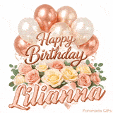 Classy Happy Birthday Lilianna looping GIF with pastel balloons and greenery