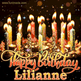 A glowing personalized birthday GIF with name Lilianne featuring lit candles with intricate designs, warm lighting, and the text 'Happy Birthday' in an elegant font.