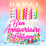 A white birthday cake covered in colorful sprinkles, topped with bright candles, and French text 'Bon Anniversaire Lilianne' on a pastel gradient background in an animated GIF.