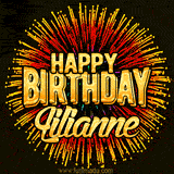 Golden 'Happy Birthday Lilianne' text accompanied by animated rainbow fireworks for a festive animated greeting.