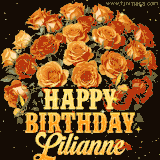 Animated bouquet of orange roses with moving butterfles and golden 'Happy Birthday Lilianne' text, surrounded by sparkling accents and a dark backdrop for a luxurious feel.