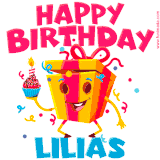 A vibrant and funny gift box character with a happy face dancing with a cupcake and the text 'Happy Birthday Lilias,' surrounded by animated confetti and party vibes.