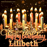 A glowing personalized birthday GIF with name Lilibeth featuring lit candles with intricate designs, warm lighting, and the text 'Happy Birthday' in an elegant font.