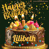 A delightful chocolate birthday cake with bright candles and 'Happy Birthday Lilibeth' written in gold amidst a shower of animated stars.