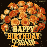 Animated bouquet of orange roses with moving butterfles and golden 'Happy Birthday Lilibeth' text, surrounded by sparkling accents and a dark backdrop for a luxurious feel.