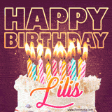 A colorful birthday cake topped with lit candles, with the words 'Happy Birthday Lilis' in bold glowing letters on a burgundy background. Animated flames add a festive touch.