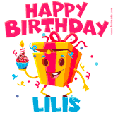 A vibrant and funny gift box character with a happy face dancing with a cupcake and the text 'Happy Birthday Lilis,' surrounded by animated confetti and party vibes.