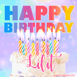 A vibrant animated name GIF with the words 'Happy Birthday Lilit' with colorful candles on a creamy cake. The background sparkles with pastel shades, adding a festive touch.